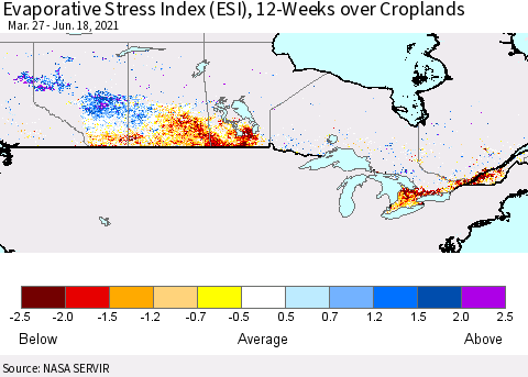 Canada Evaporative Stress Index (ESI), 12-Weeks over Croplands Thematic Map For 6/14/2021 - 6/20/2021