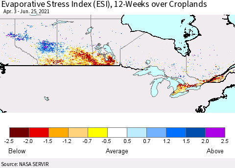 Canada Evaporative Stress Index (ESI), 12-Weeks over Croplands Thematic Map For 6/21/2021 - 6/27/2021