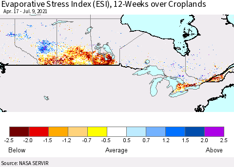 Canada Evaporative Stress Index (ESI), 12-Weeks over Croplands Thematic Map For 7/5/2021 - 7/11/2021