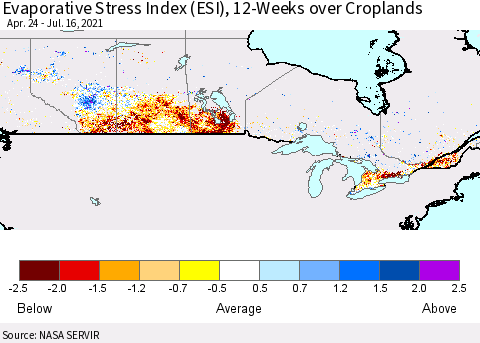 Canada Evaporative Stress Index (ESI), 12-Weeks over Croplands Thematic Map For 7/12/2021 - 7/18/2021