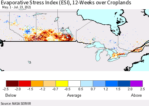Canada Evaporative Stress Index (ESI), 12-Weeks over Croplands Thematic Map For 7/19/2021 - 7/25/2021