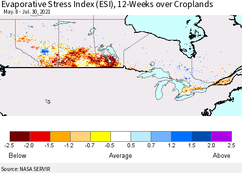 Canada Evaporative Stress Index (ESI), 12-Weeks over Croplands Thematic Map For 7/26/2021 - 8/1/2021