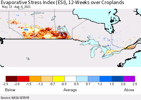 Canada Evaporative Stress Index (ESI), 12-Weeks over Croplands Thematic Map For 8/2/2021 - 8/8/2021