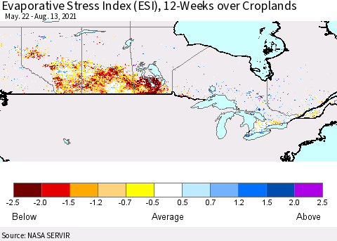 Canada Evaporative Stress Index (ESI), 12-Weeks over Croplands Thematic Map For 8/9/2021 - 8/15/2021