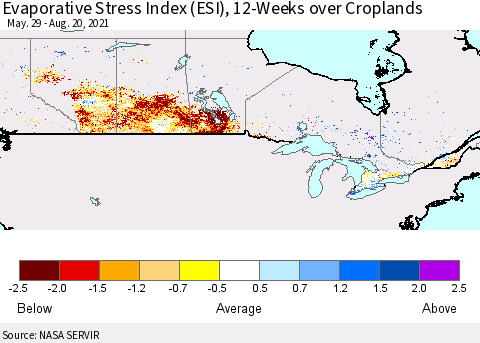 Canada Evaporative Stress Index (ESI), 12-Weeks over Croplands Thematic Map For 8/16/2021 - 8/22/2021