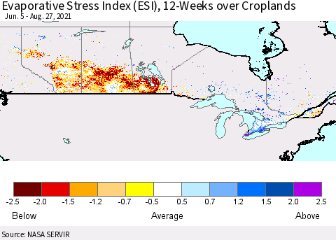 Canada Evaporative Stress Index (ESI), 12-Weeks over Croplands Thematic Map For 8/23/2021 - 8/29/2021