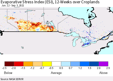 Canada Evaporative Stress Index (ESI), 12-Weeks over Croplands Thematic Map For 8/30/2021 - 9/5/2021