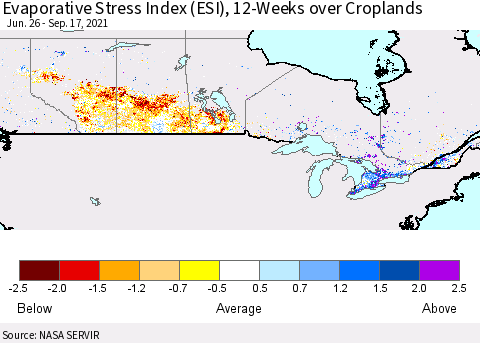 Canada Evaporative Stress Index (ESI), 12-Weeks over Croplands Thematic Map For 9/13/2021 - 9/19/2021