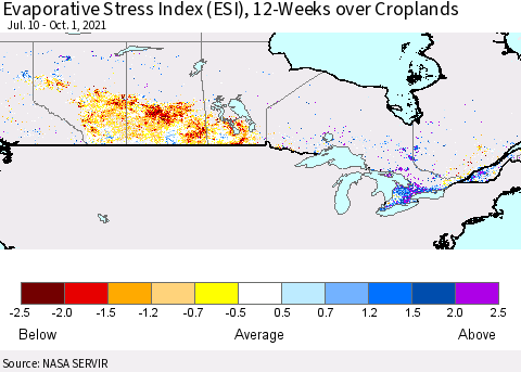 Canada Evaporative Stress Index (ESI), 12-Weeks over Croplands Thematic Map For 9/27/2021 - 10/3/2021