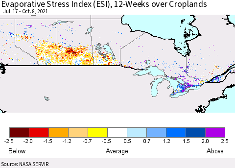 Canada Evaporative Stress Index (ESI), 12-Weeks over Croplands Thematic Map For 10/4/2021 - 10/10/2021