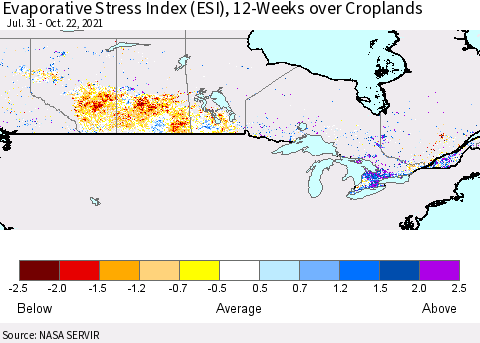 Canada Evaporative Stress Index (ESI), 12-Weeks over Croplands Thematic Map For 10/18/2021 - 10/24/2021
