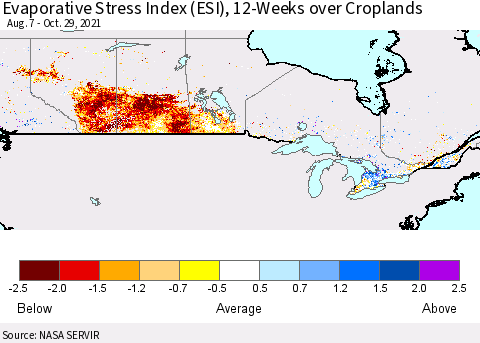 Canada Evaporative Stress Index (ESI), 12-Weeks over Croplands Thematic Map For 10/25/2021 - 10/31/2021