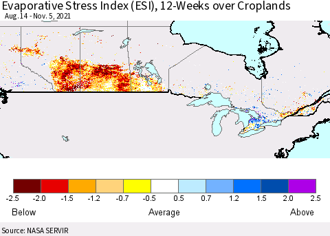 Canada Evaporative Stress Index (ESI), 12-Weeks over Croplands Thematic Map For 11/1/2021 - 11/7/2021
