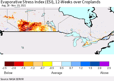 Canada Evaporative Stress Index (ESI), 12-Weeks over Croplands Thematic Map For 11/15/2021 - 11/21/2021