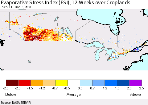 Canada Evaporative Stress Index (ESI), 12-Weeks over Croplands Thematic Map For 11/29/2021 - 12/5/2021