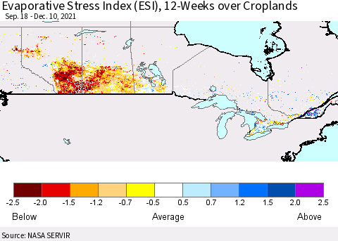 Canada Evaporative Stress Index (ESI), 12-Weeks over Croplands Thematic Map For 12/6/2021 - 12/12/2021