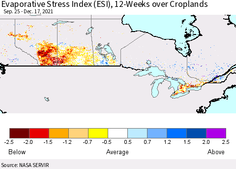 Canada Evaporative Stress Index (ESI), 12-Weeks over Croplands Thematic Map For 12/13/2021 - 12/19/2021