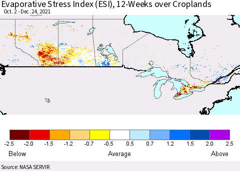 Canada Evaporative Stress Index (ESI), 12-Weeks over Croplands Thematic Map For 12/20/2021 - 12/26/2021