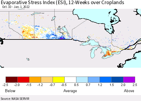 Canada Evaporative Stress Index (ESI), 12-Weeks over Croplands Thematic Map For 12/27/2021 - 1/2/2022