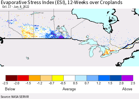 Canada Evaporative Stress Index (ESI), 12-Weeks over Croplands Thematic Map For 1/3/2022 - 1/9/2022