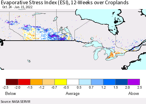 Canada Evaporative Stress Index (ESI), 12-Weeks over Croplands Thematic Map For 1/10/2022 - 1/16/2022
