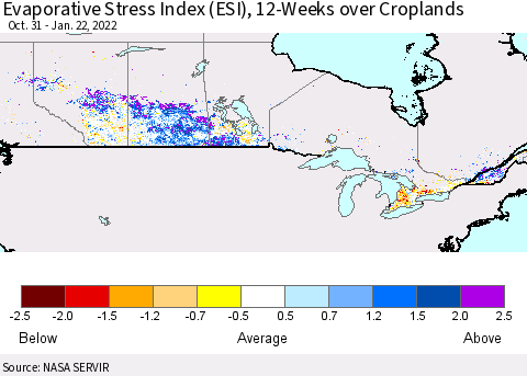 Canada Evaporative Stress Index (ESI), 12-Weeks over Croplands Thematic Map For 1/17/2022 - 1/23/2022