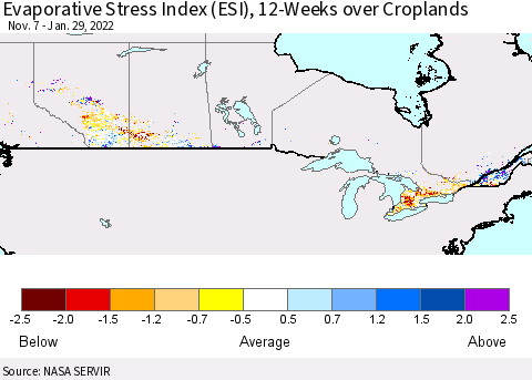 Canada Evaporative Stress Index (ESI), 12-Weeks over Croplands Thematic Map For 1/24/2022 - 1/30/2022