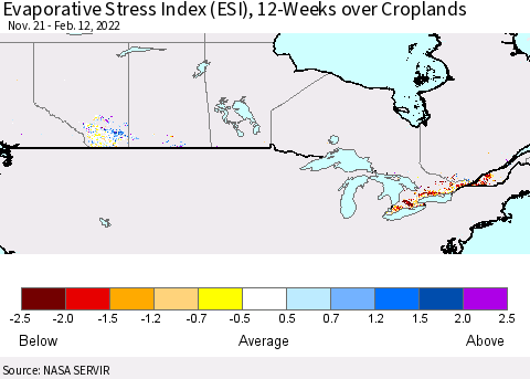 Canada Evaporative Stress Index (ESI), 12-Weeks over Croplands Thematic Map For 2/7/2022 - 2/13/2022