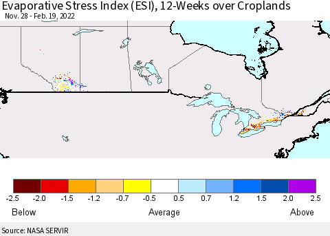 Canada Evaporative Stress Index (ESI), 12-Weeks over Croplands Thematic Map For 2/14/2022 - 2/20/2022