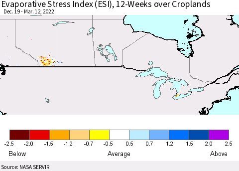 Canada Evaporative Stress Index (ESI), 12-Weeks over Croplands Thematic Map For 3/7/2022 - 3/13/2022