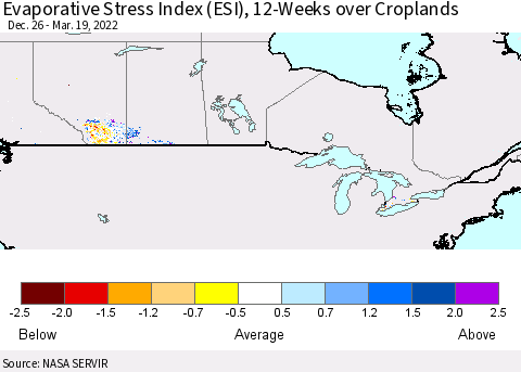 Canada Evaporative Stress Index (ESI), 12-Weeks over Croplands Thematic Map For 3/14/2022 - 3/20/2022