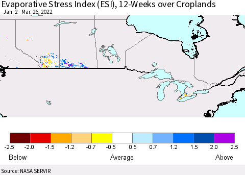 Canada Evaporative Stress Index (ESI), 12-Weeks over Croplands Thematic Map For 3/21/2022 - 3/27/2022