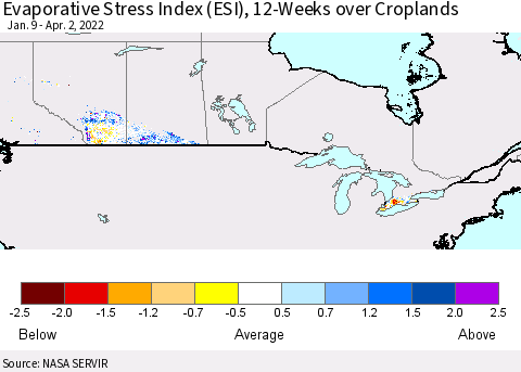 Canada Evaporative Stress Index (ESI), 12-Weeks over Croplands Thematic Map For 3/28/2022 - 4/3/2022