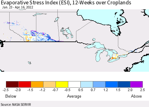 Canada Evaporative Stress Index (ESI), 12-Weeks over Croplands Thematic Map For 4/11/2022 - 4/17/2022