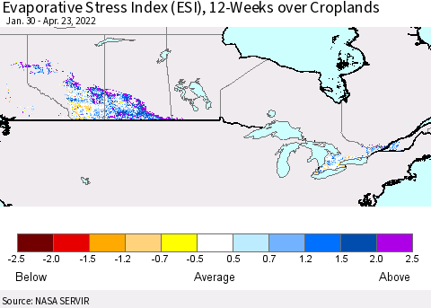 Canada Evaporative Stress Index (ESI), 12-Weeks over Croplands Thematic Map For 4/18/2022 - 4/24/2022