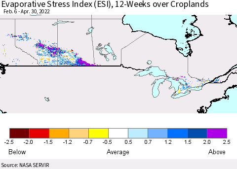 Canada Evaporative Stress Index (ESI), 12-Weeks over Croplands Thematic Map For 4/25/2022 - 5/1/2022