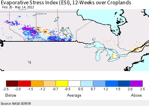 Canada Evaporative Stress Index (ESI), 12-Weeks over Croplands Thematic Map For 5/9/2022 - 5/15/2022