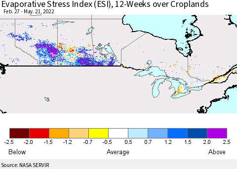 Canada Evaporative Stress Index (ESI), 12-Weeks over Croplands Thematic Map For 5/16/2022 - 5/22/2022