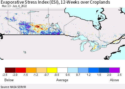 Canada Evaporative Stress Index (ESI), 12-Weeks over Croplands Thematic Map For 5/30/2022 - 6/5/2022