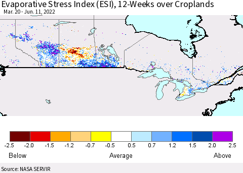Canada Evaporative Stress Index (ESI), 12-Weeks over Croplands Thematic Map For 6/6/2022 - 6/12/2022
