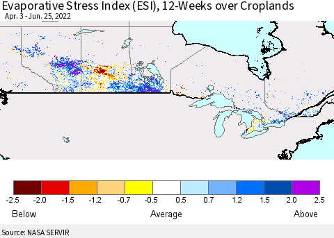 Canada Evaporative Stress Index (ESI), 12-Weeks over Croplands Thematic Map For 6/20/2022 - 6/26/2022