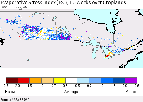 Canada Evaporative Stress Index (ESI), 12-Weeks over Croplands Thematic Map For 6/27/2022 - 7/3/2022