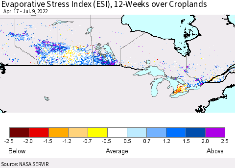 Canada Evaporative Stress Index (ESI), 12-Weeks over Croplands Thematic Map For 7/4/2022 - 7/10/2022