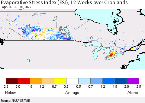 Canada Evaporative Stress Index (ESI), 12-Weeks over Croplands Thematic Map For 7/11/2022 - 7/17/2022