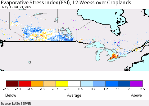 Canada Evaporative Stress Index (ESI), 12-Weeks over Croplands Thematic Map For 7/18/2022 - 7/24/2022