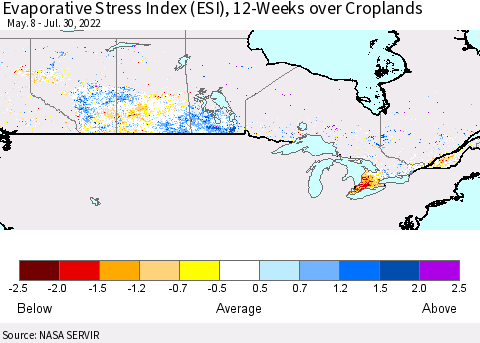 Canada Evaporative Stress Index (ESI), 12-Weeks over Croplands Thematic Map For 7/25/2022 - 7/31/2022