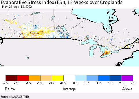 Canada Evaporative Stress Index (ESI), 12-Weeks over Croplands Thematic Map For 8/8/2022 - 8/14/2022