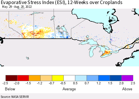 Canada Evaporative Stress Index (ESI), 12-Weeks over Croplands Thematic Map For 8/15/2022 - 8/21/2022