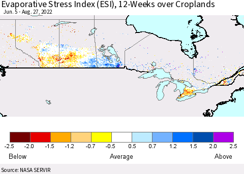 Canada Evaporative Stress Index (ESI), 12-Weeks over Croplands Thematic Map For 8/22/2022 - 8/28/2022
