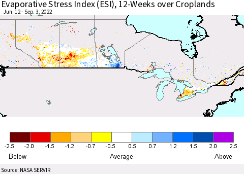 Canada Evaporative Stress Index (ESI), 12-Weeks over Croplands Thematic Map For 8/29/2022 - 9/4/2022